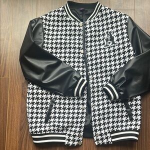 Anna Sui Black and White Bomber Jacket with Houndstooth Pattern